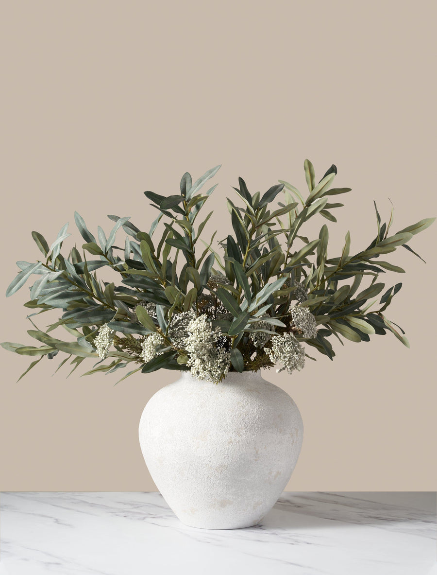 Composition florale artificielle - Olive et Baies Blanches