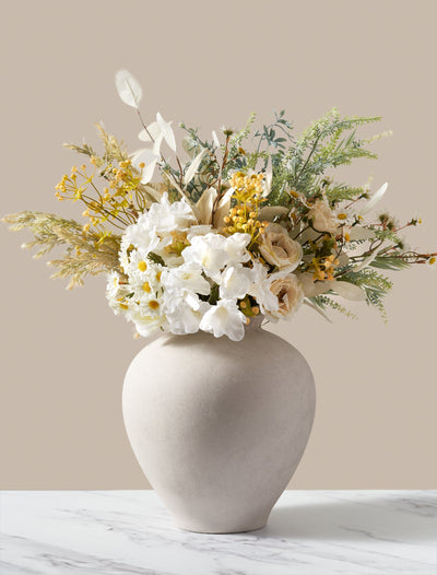 Composition florale artificielle – Prairie blanche et jaune