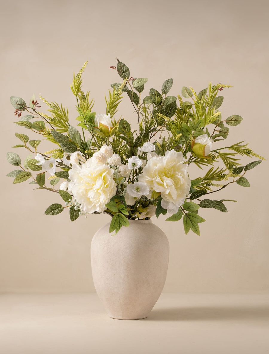 Composition florale artificielle - Coquelicot blanc et pivoine
