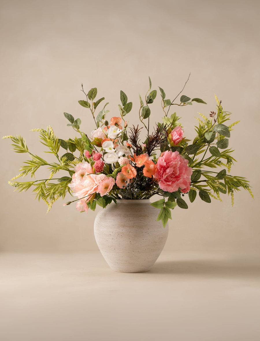 Composition florale artificielle - Coquelicot pêche et pivoine