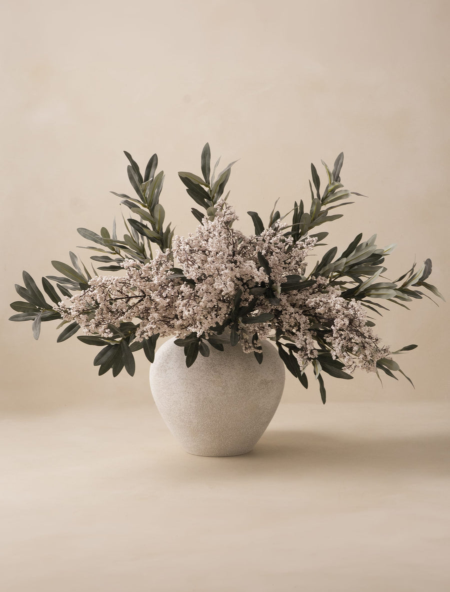 Composition florale artificielle - Grandes baies blanches et feuille d'olivier