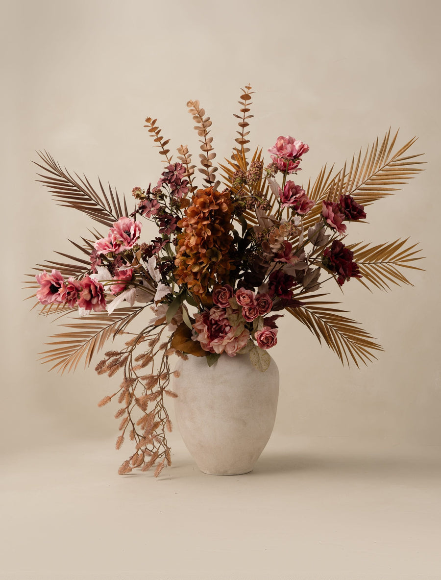 Composition florale artificielle - Feuille de palmier et hortensia cône